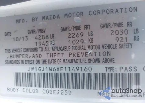 2014 Mazda Mazda6 I Grand Touring z USA, uszkodzony, nr VIN JM1GJ1W6XE1149160